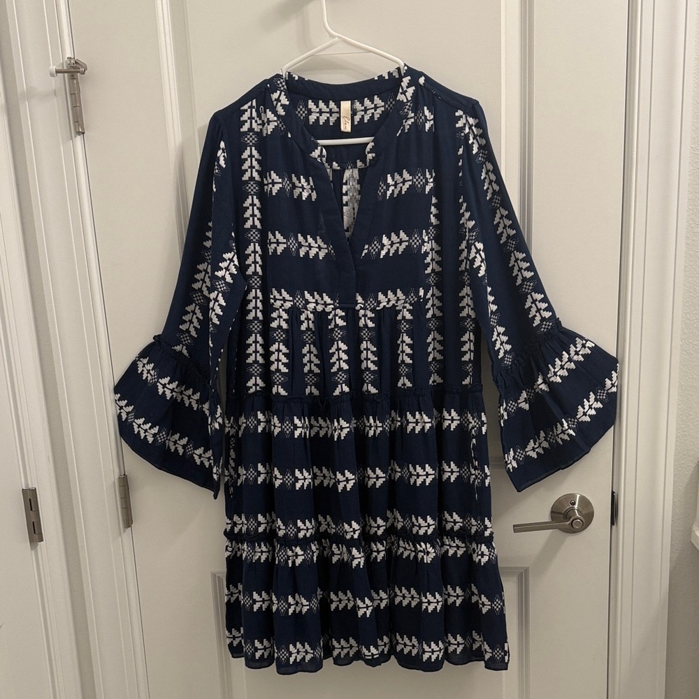 Elan Blue and White Geometric Dress